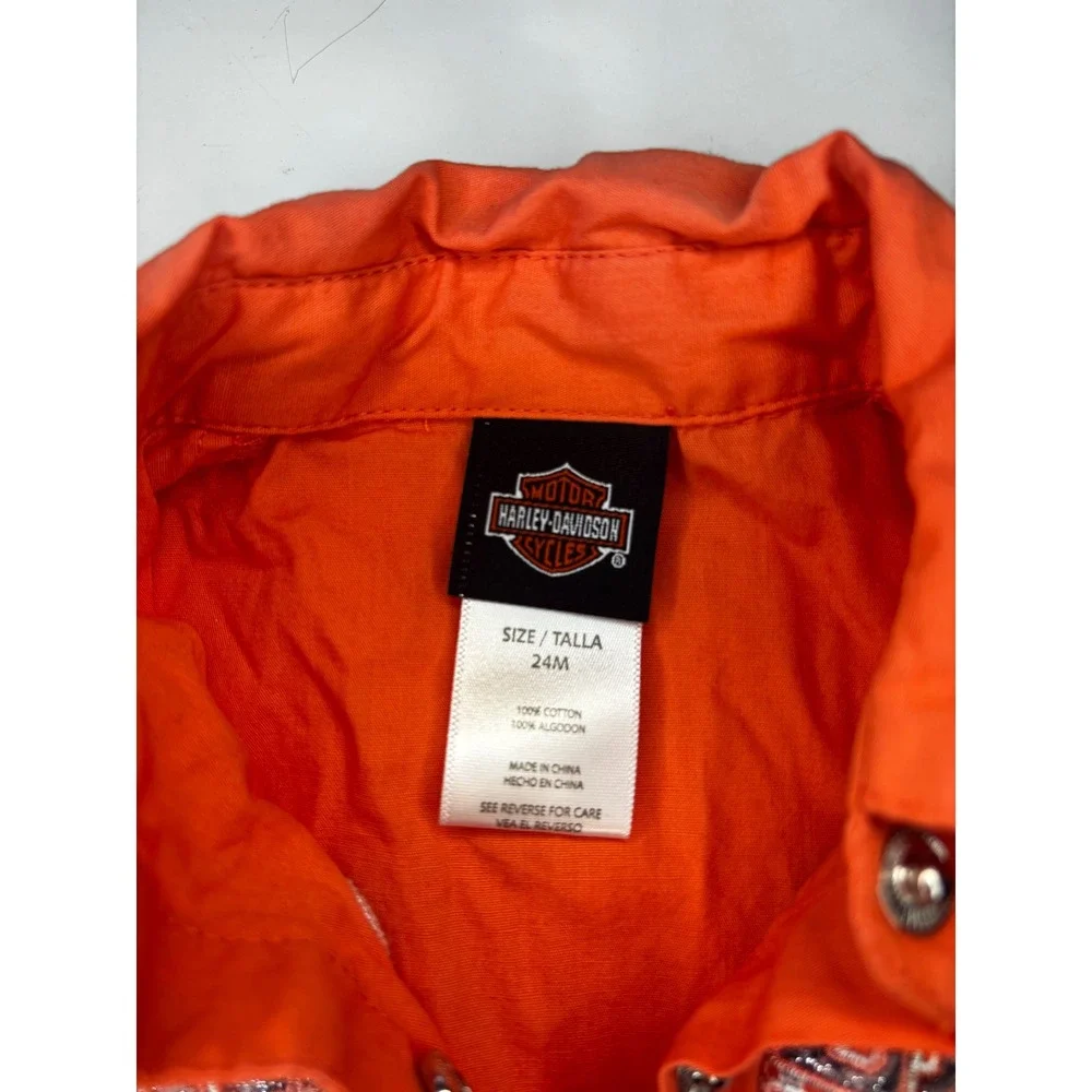Harley Davidson Button Shirt Toddler Girls Size 24‎ months Orange Snap